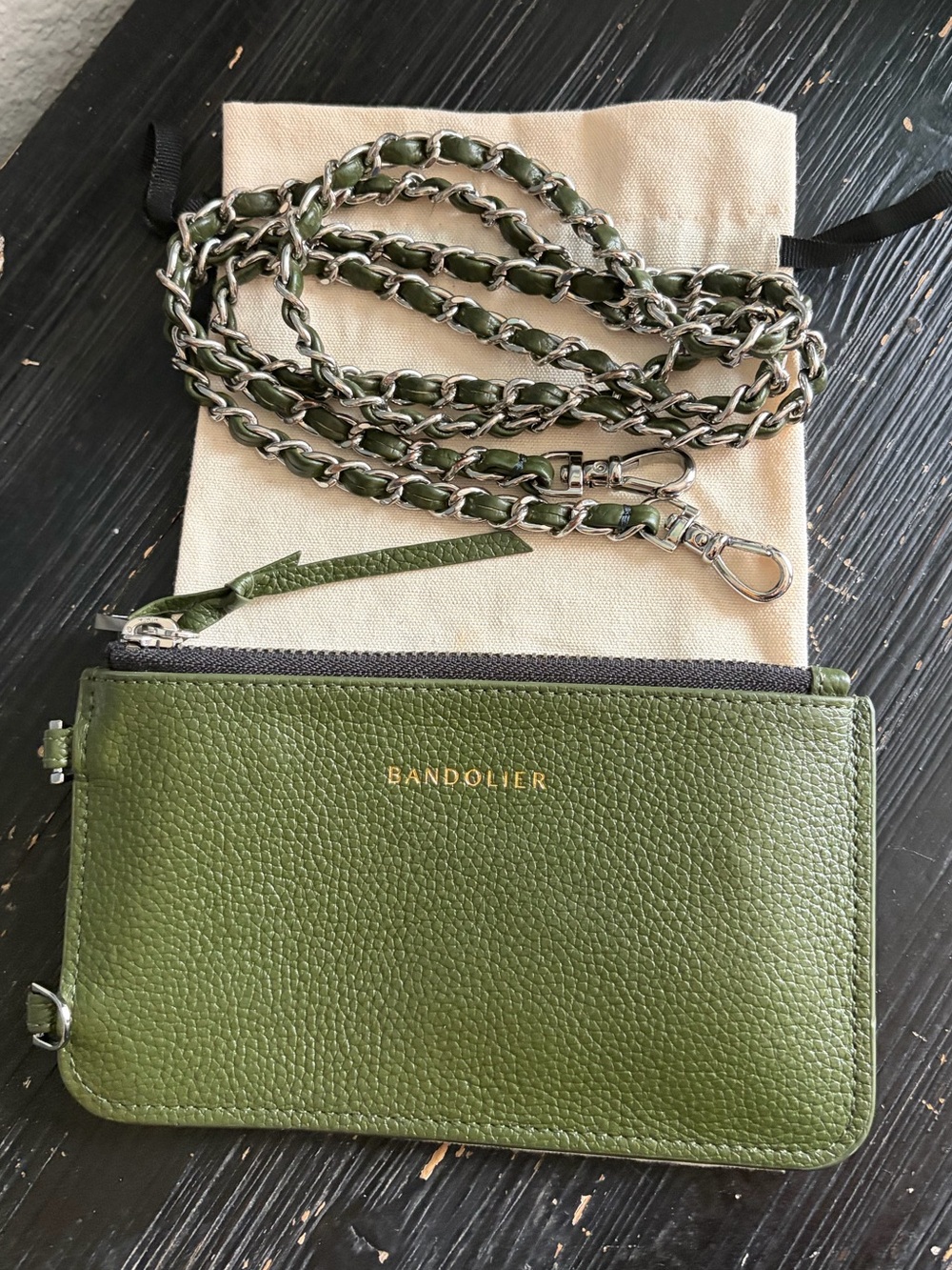 Bandolier Green Pebbled Leather Crossbody pocket /pouch with Chain Strap